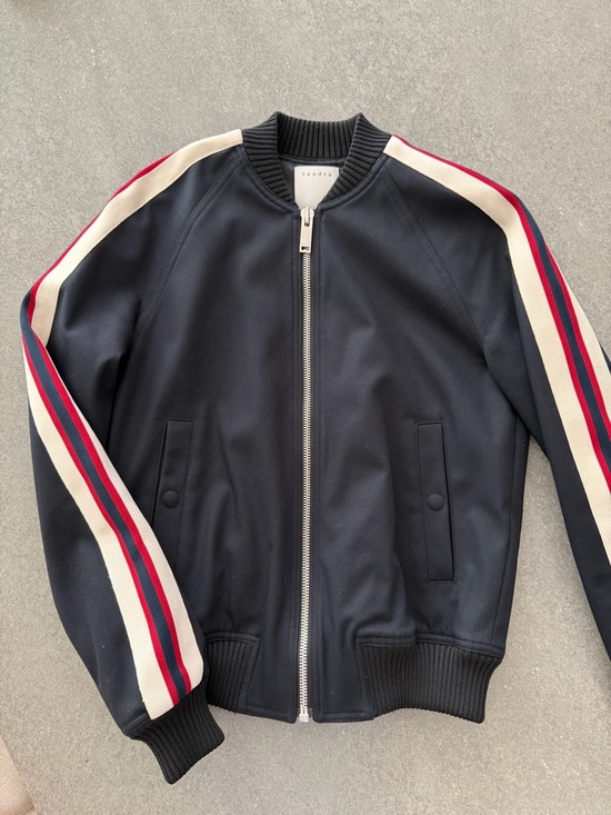 Sandro Other - Sandro Navy Bomber Jacket with Red and Cream Striped Sleeves